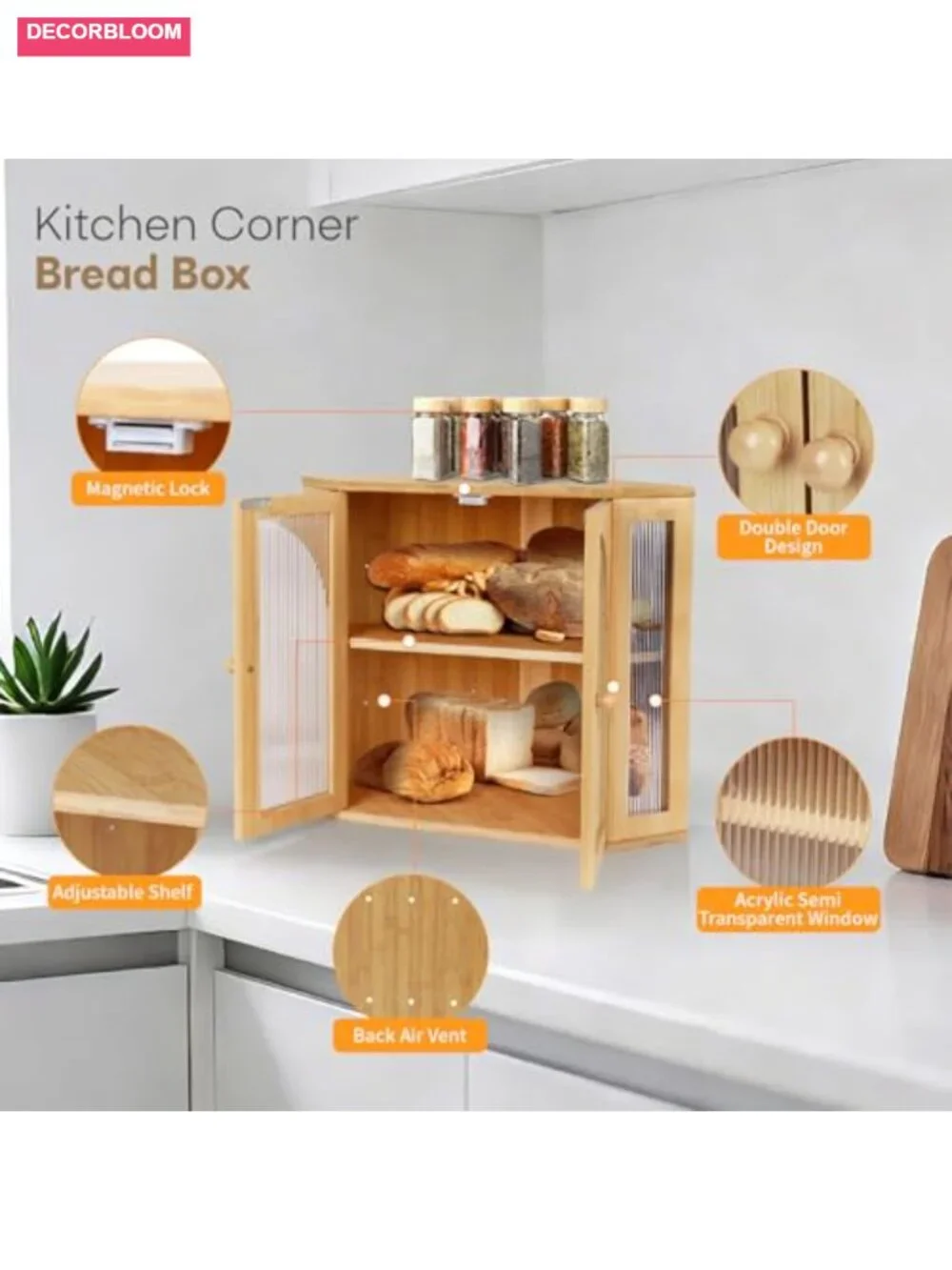 Large Bamboo Corner Bread Box Double Layer with Magnetic Acrylic Door